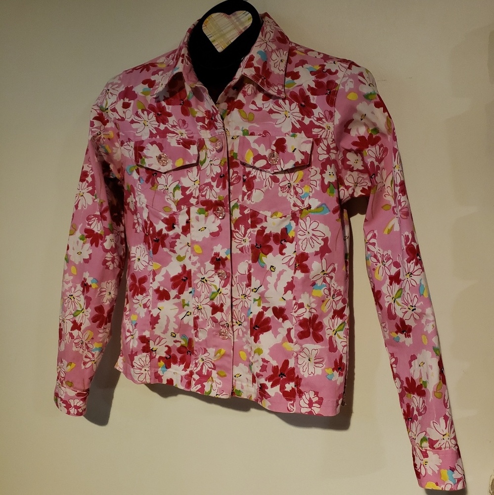 Pink Floral Fashion Button Down Jean Style Jacket